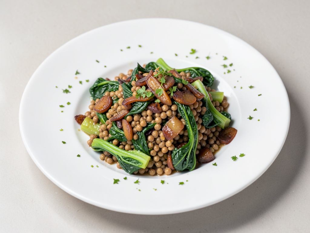 Insalata tiepida di lenticchie con pak choi e cipolle caramellate