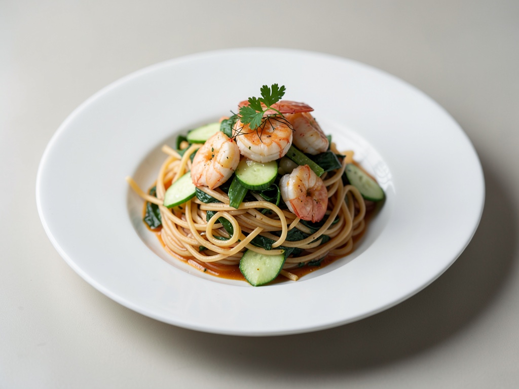 Insalata tiepida di cetrioli e noodles con gamberi