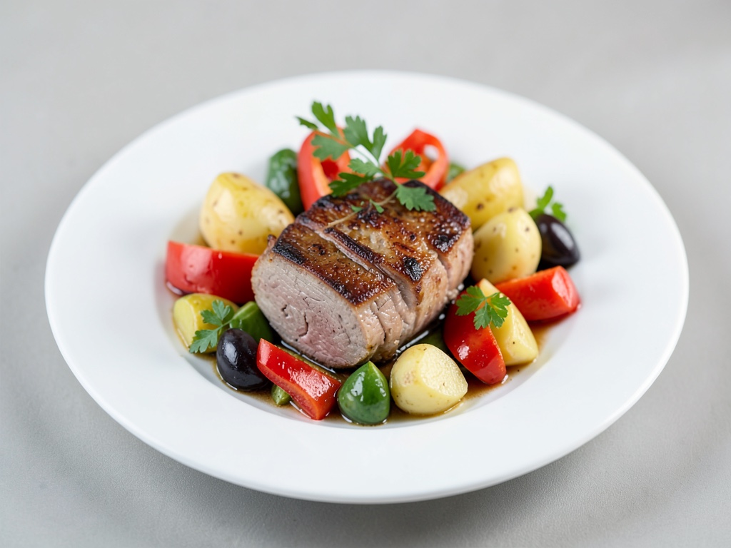 Leberkäse al forno con verdure di peperoni colorate e patate