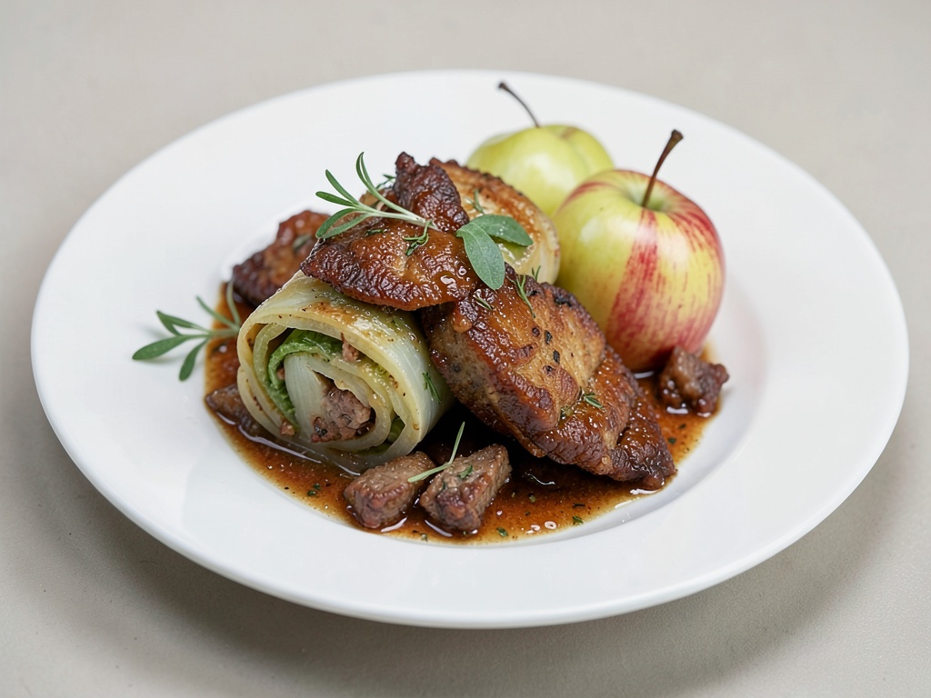 Zarte Spitzkohl-Röllchen mit gebratener Leber und Äpfeln
