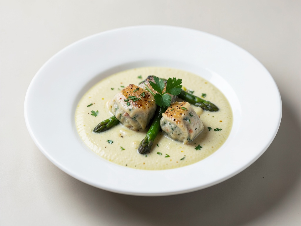 Zuppa fresca di asparagi e cocco con ravioli di pasta