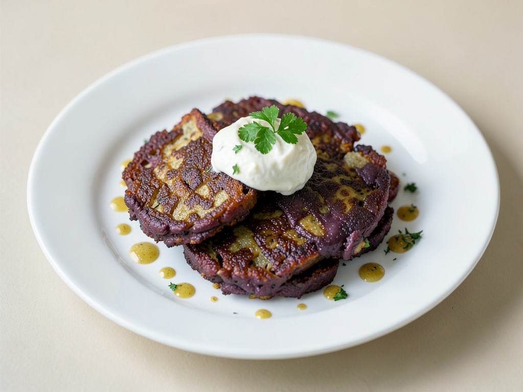 Galette de pommes de terre violettes croustillantes avec trempette au fromage frais