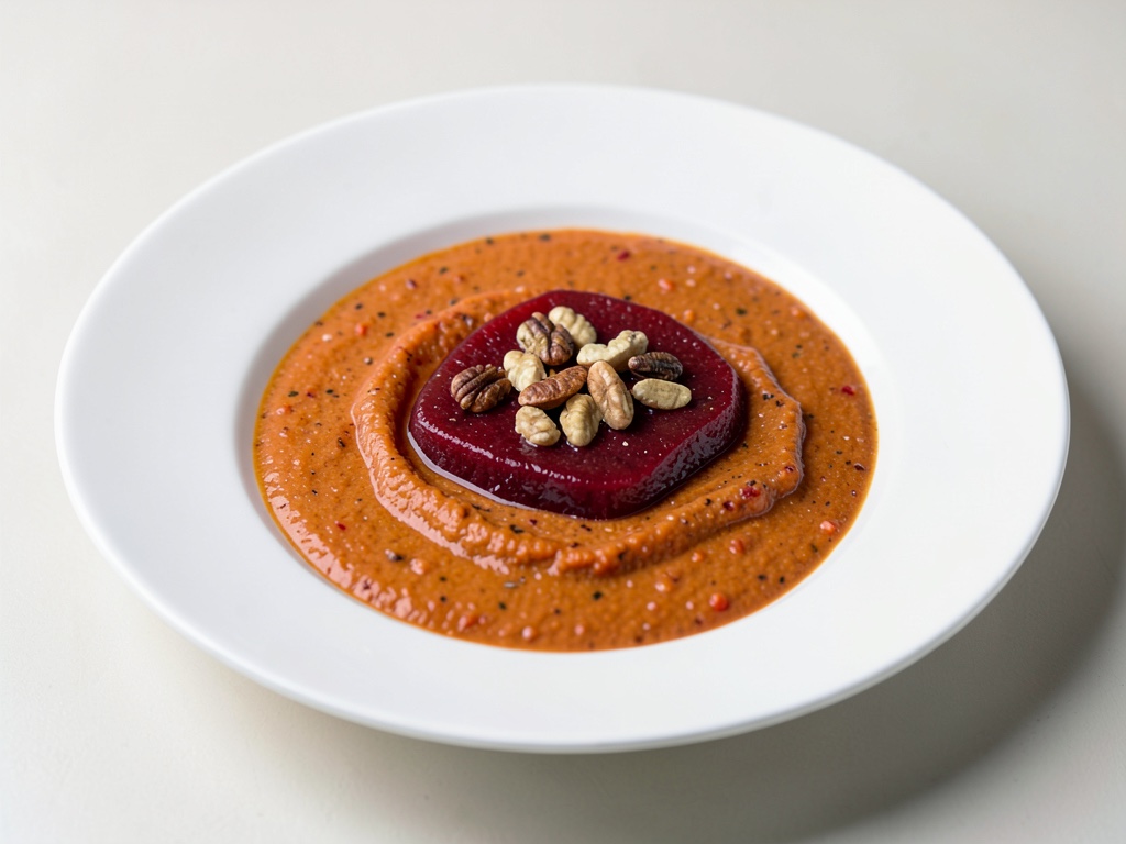 Zuppa cremosa di barbabietola e carota con noci tostate