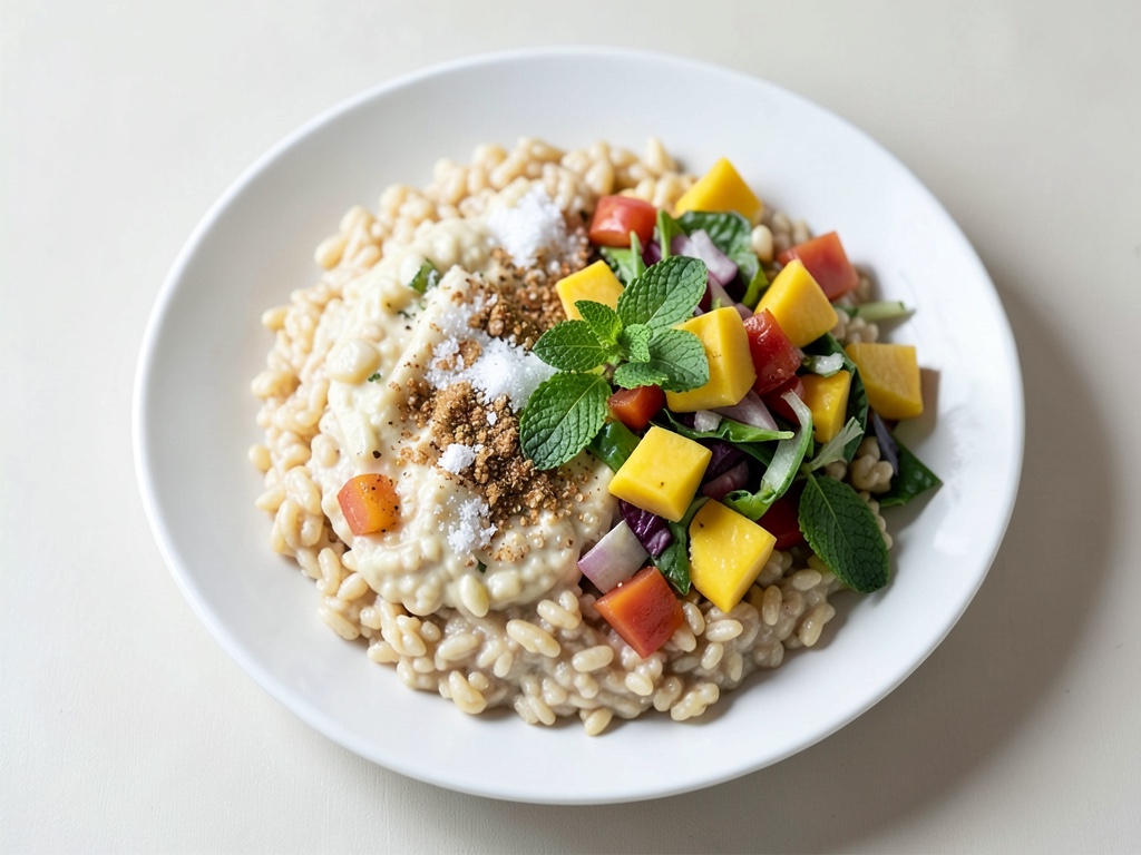 Riso tropicale con insalata di mango e ananas e menta