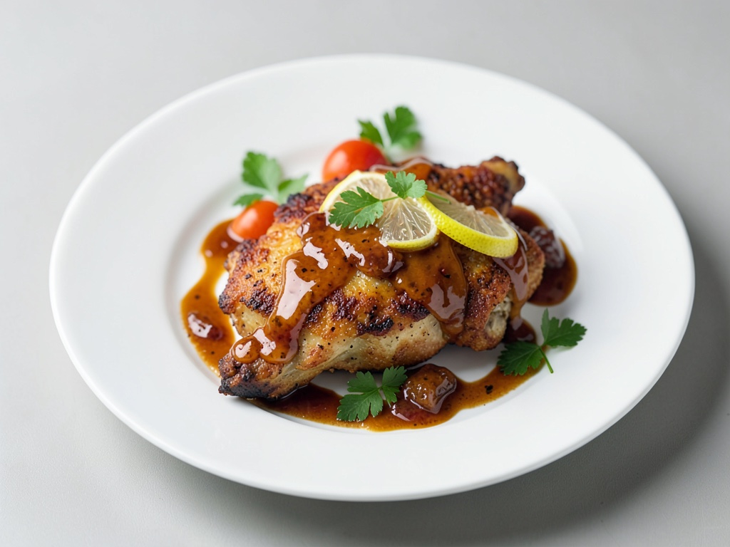 Pollo crujiente con glaseado de limón y pasas