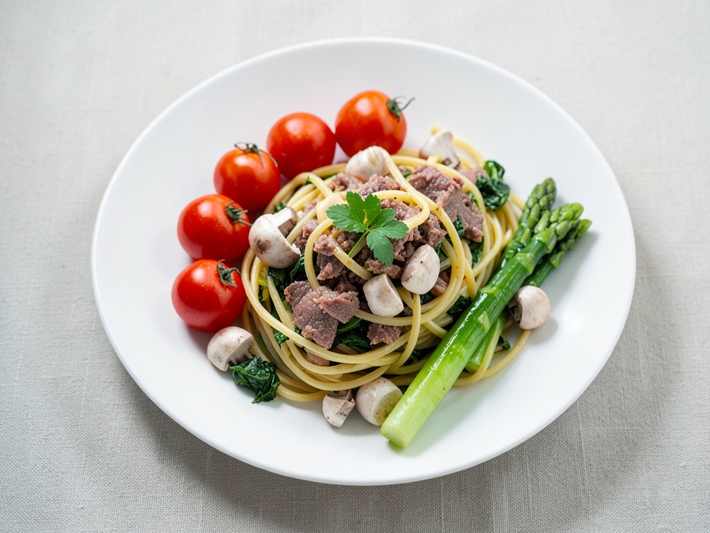 Linguine con asparagi e manzo in padella