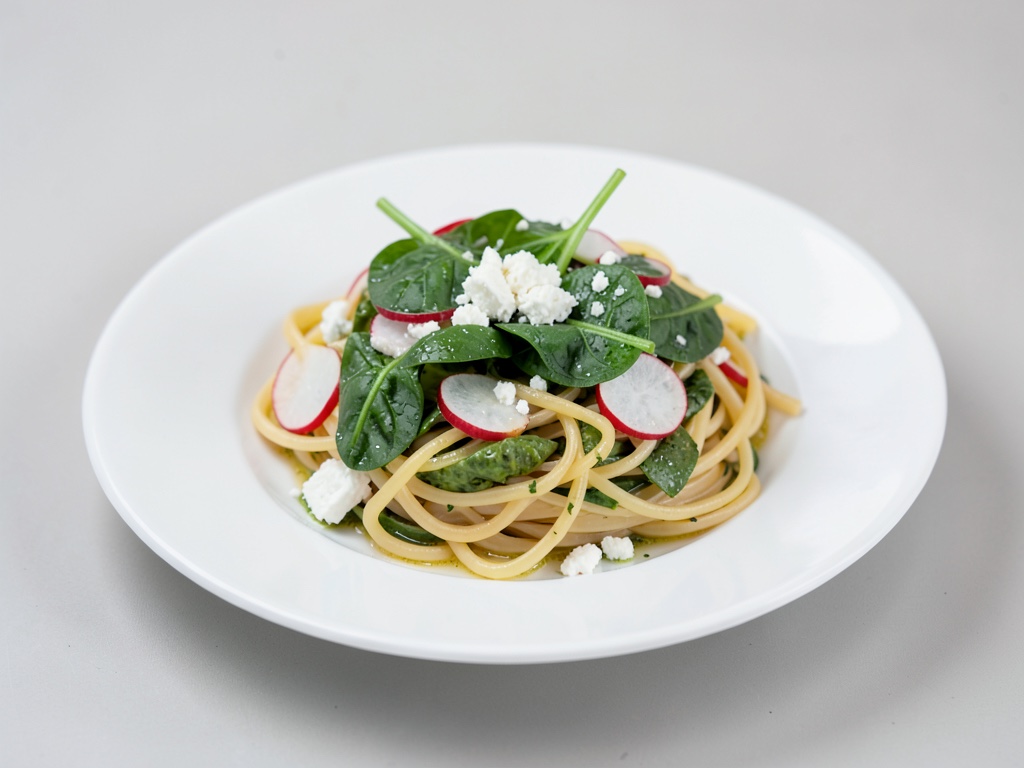 Linguine à l'épinard frais, feta et radis