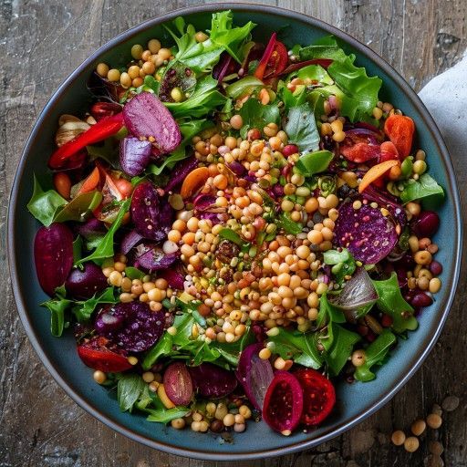Insalata colorata di lenticchie, fagioli e barbabietola rossa