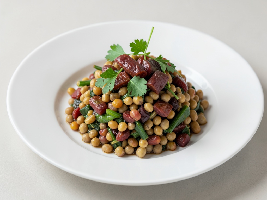Insalata di lenticchie e fagioli saporita con chorizo piccante