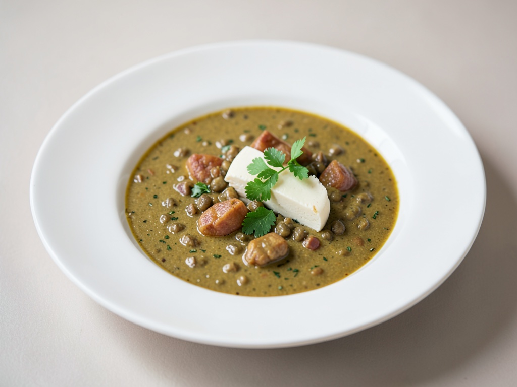 Sopa cremosa de curry de lentejas con queso de oveja