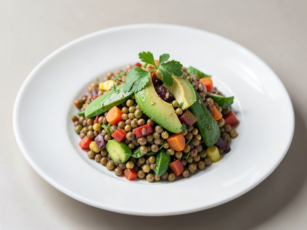 Insalata fresca di lenticchie e verdure con avocado