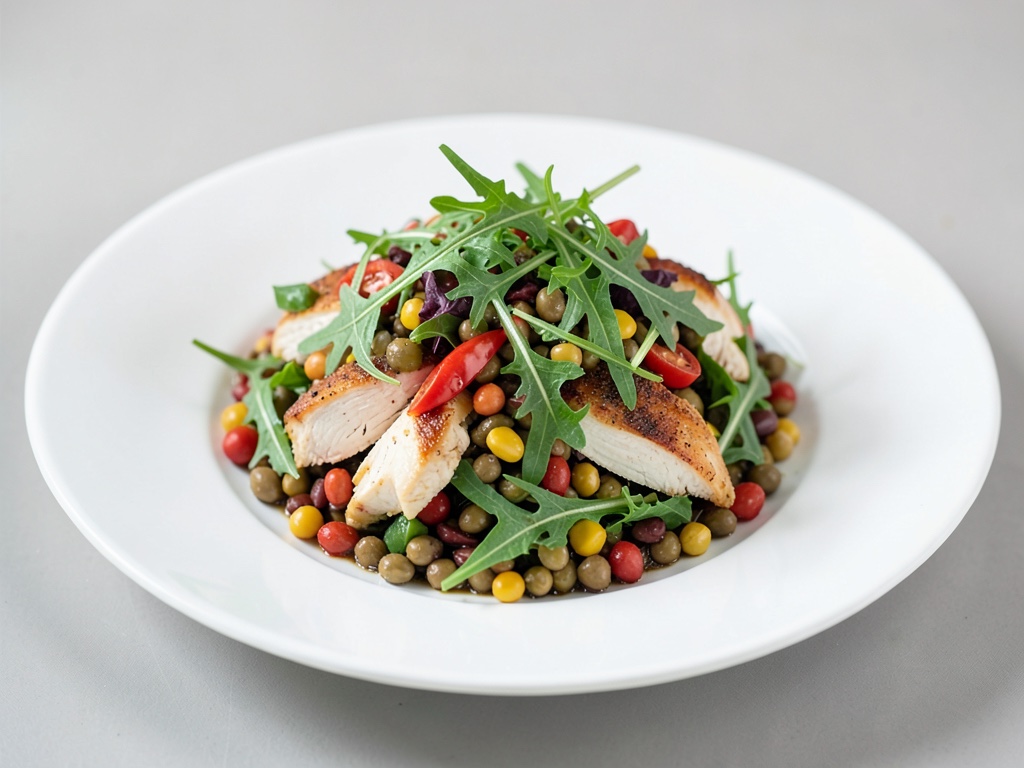 Insalata colorata con lenticchie, pollo e rucola