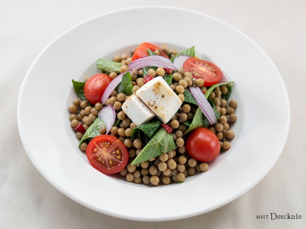 Insalata saporita di lenticchie e ceci con halloumi alla griglia