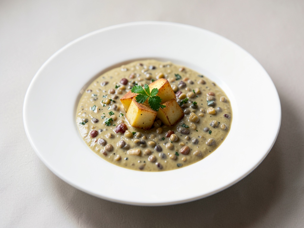 Cremige Linsen-Kokos-Suppe mit knusprigen Kartoffelwürfeln