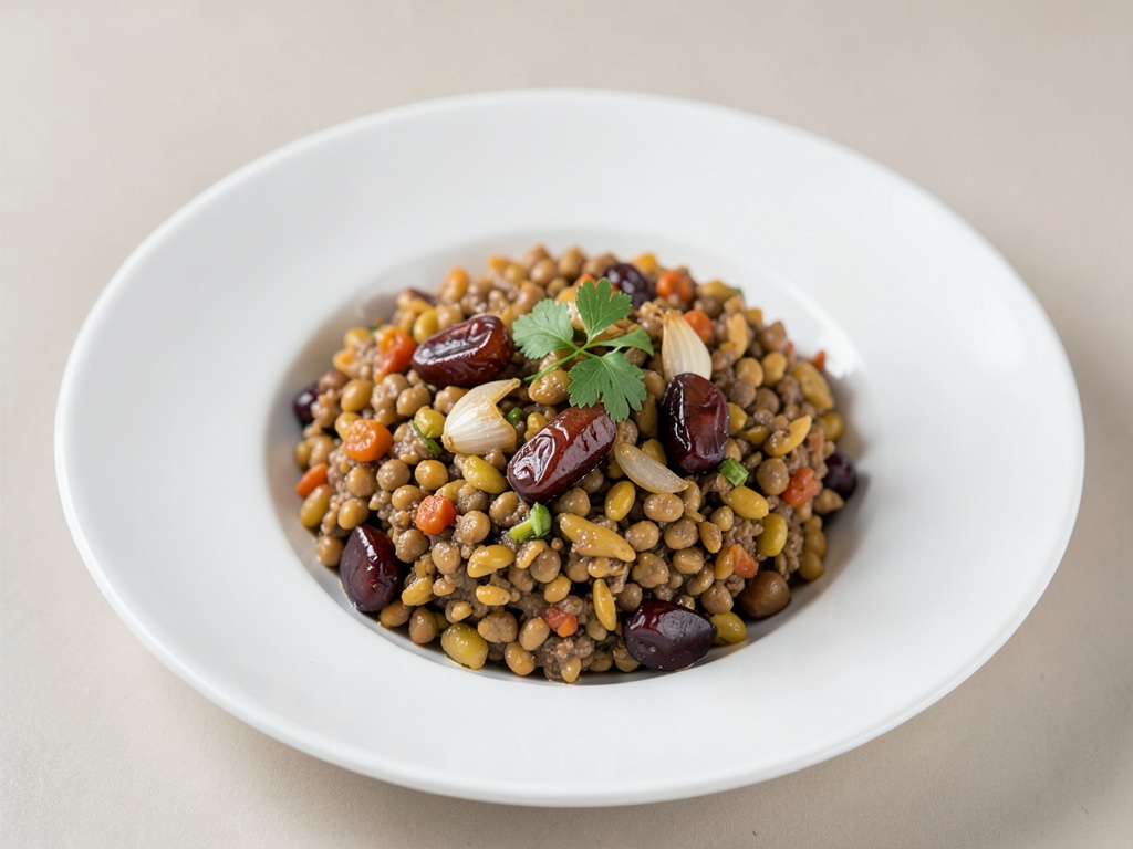 Bowl de riz et lentilles épicées aux dattes et oignons