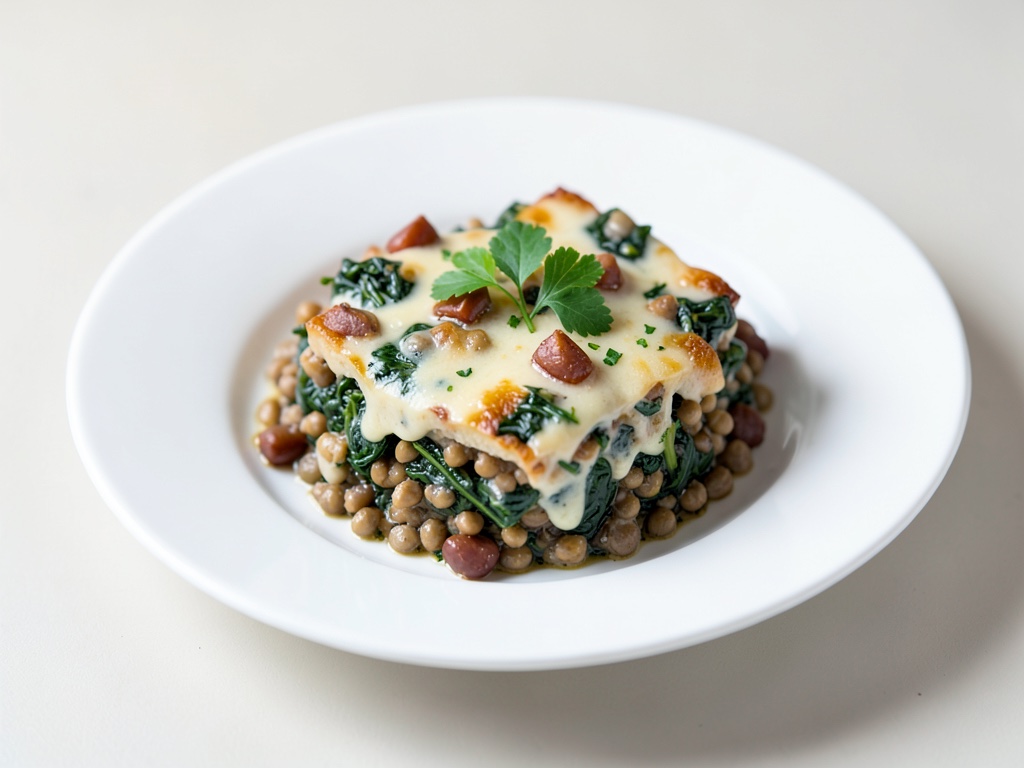 Gratin cremoso di lenticchie e spinaci