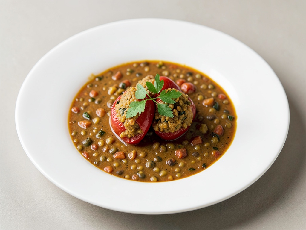 Sopa de lentejas y tomate con peperoncini rellenos