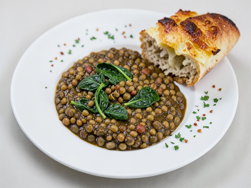 Zuppa di lenticchie con spinaci e baguette al formaggio gratinato