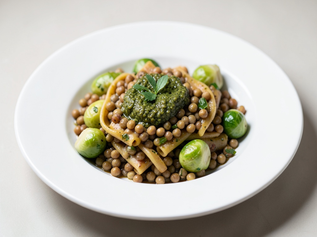 Pasta di lenticchie con pesto e cavolo di Bruxelles