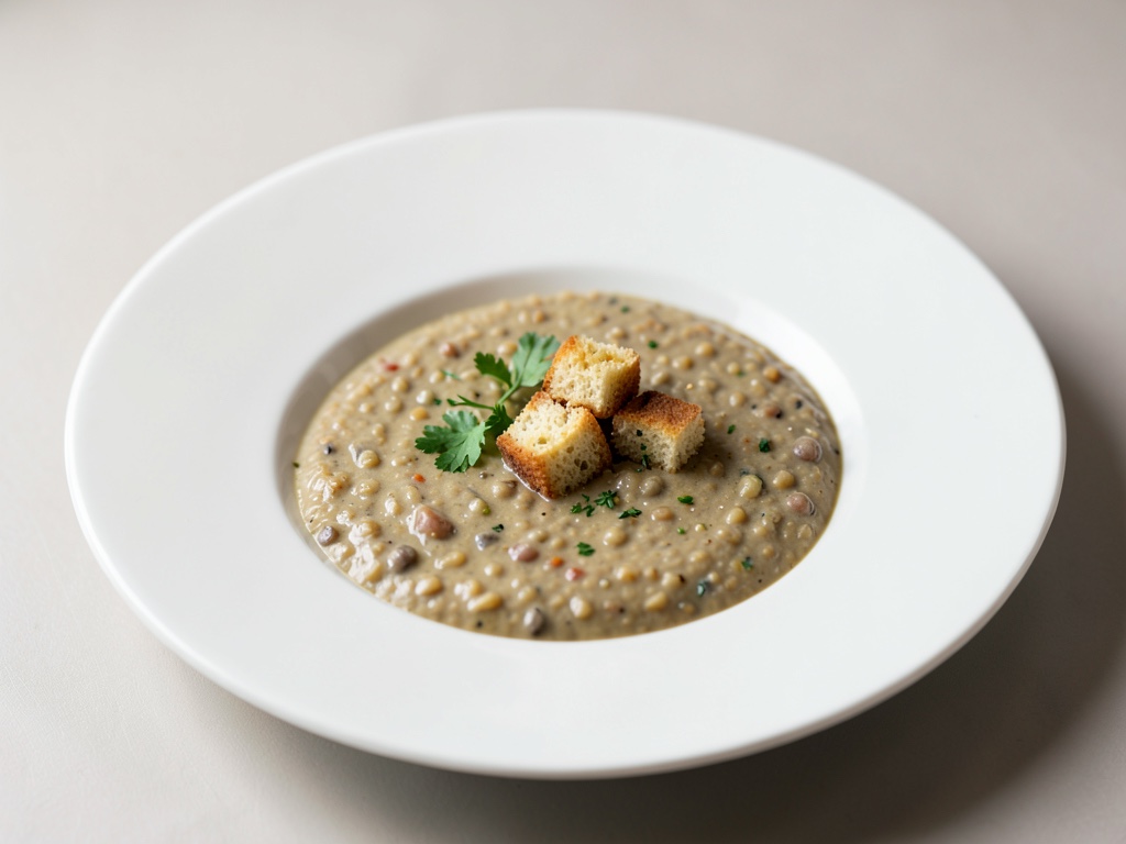 Zuppa cremosa di lenticchie con cubetti di pane croccante