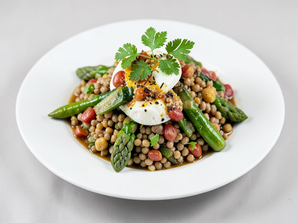 Insalata tiepida di lenticchie con uovo e asparagi