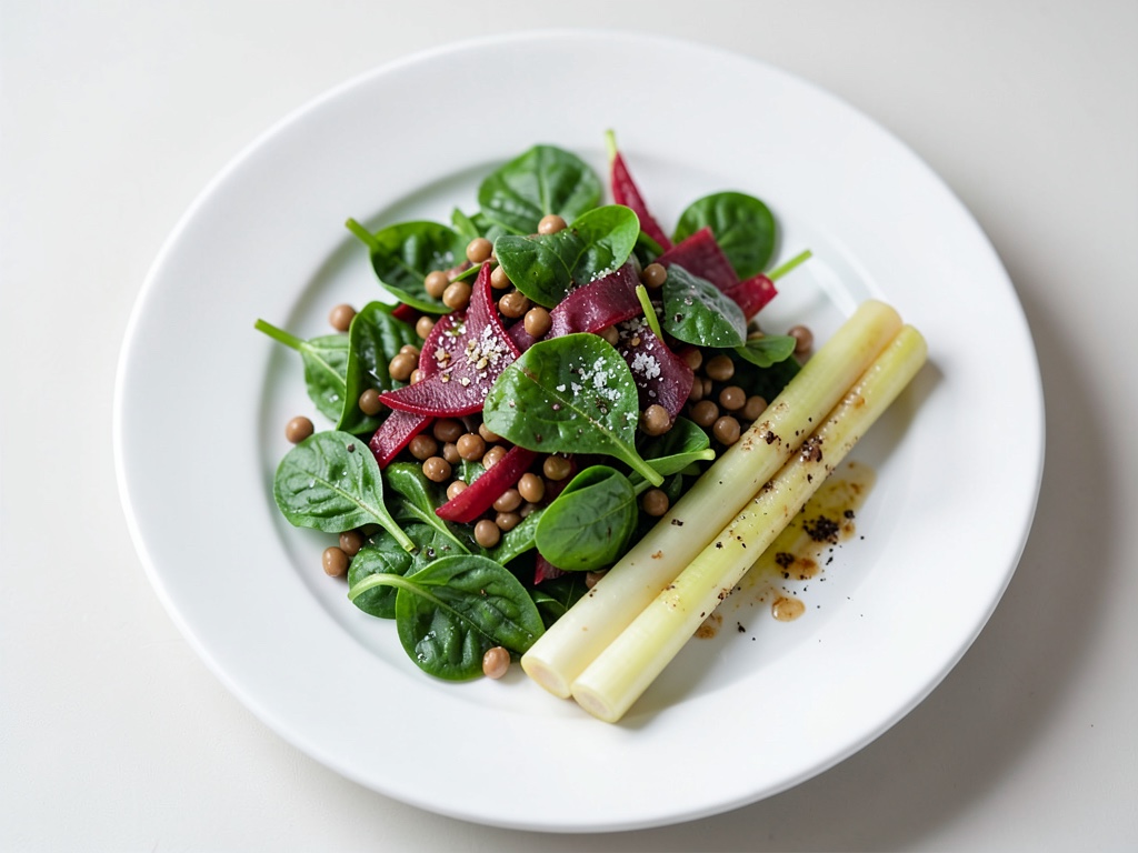 Insalata di lenticchie colorate con spinaci, rabarbaro e asparagi