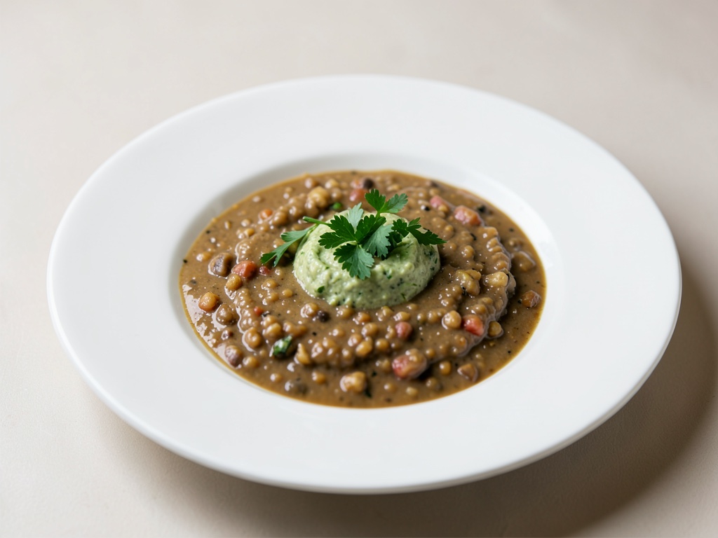 Sopa cremosa de lentejas con dip fresco de perejil