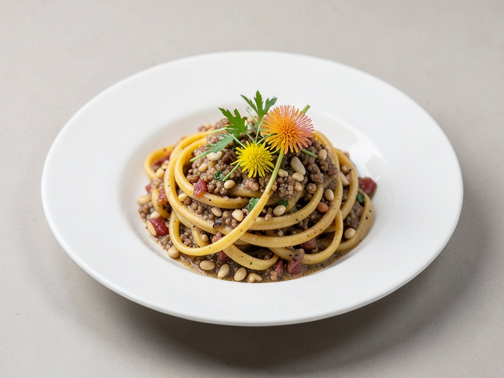 Spaghetti integrali con dente di leone e pinoli
