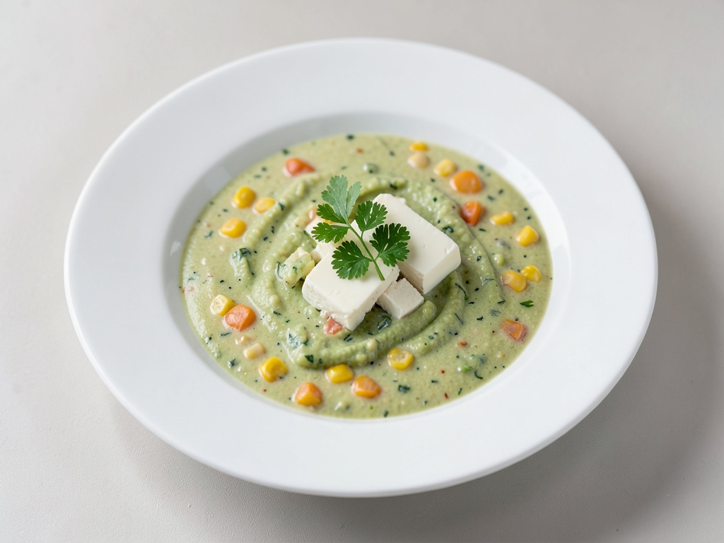 Sopa cremosa de maíz y aguacate con queso de cabra y cilantro