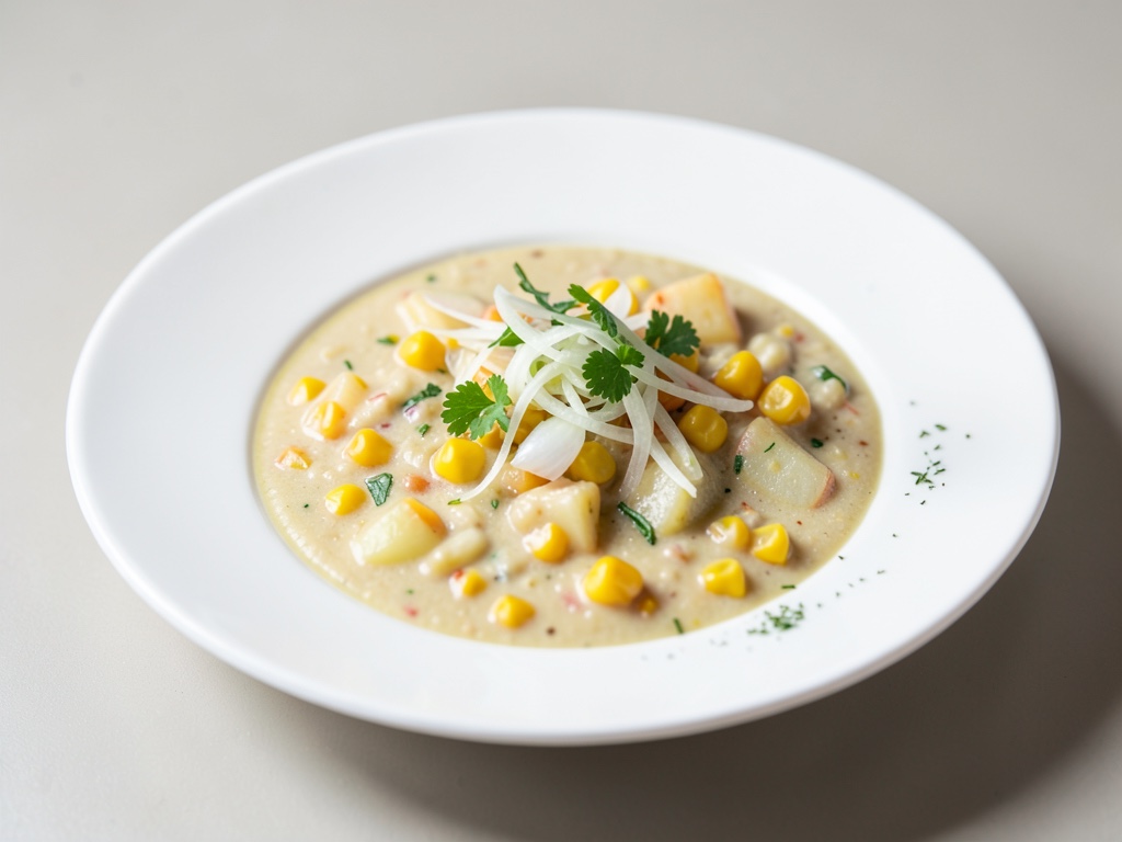 Sopa cremosa de patata y maíz con cebolletas