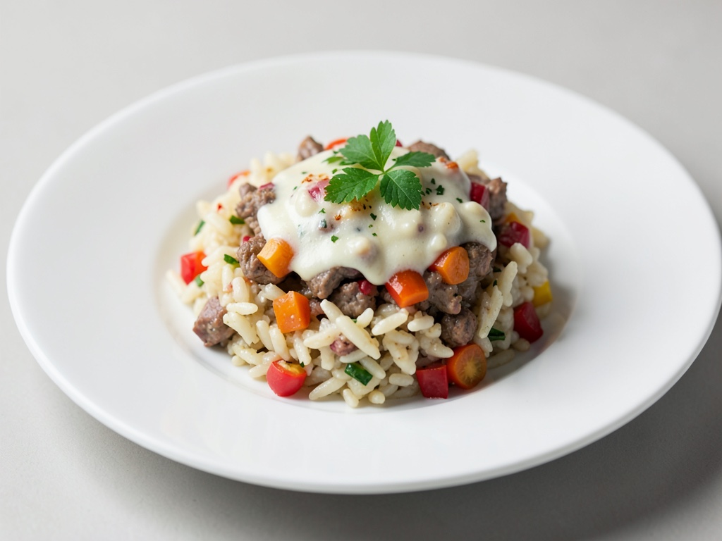 Gratin cremoso di riso e peperoni con carne