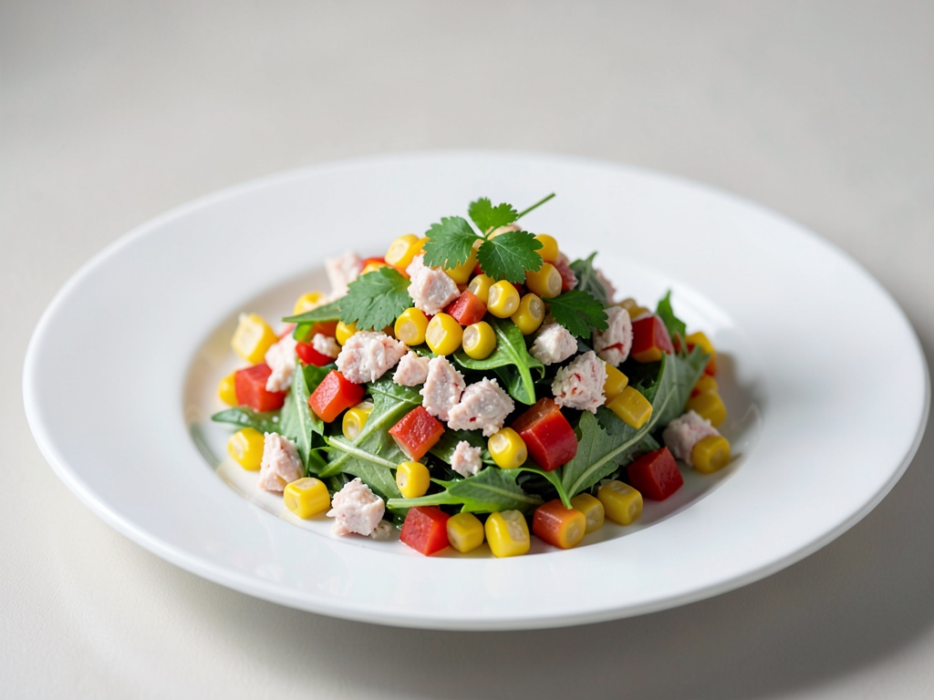 Insalata fruttata di mais e peperoni con carne di granchio