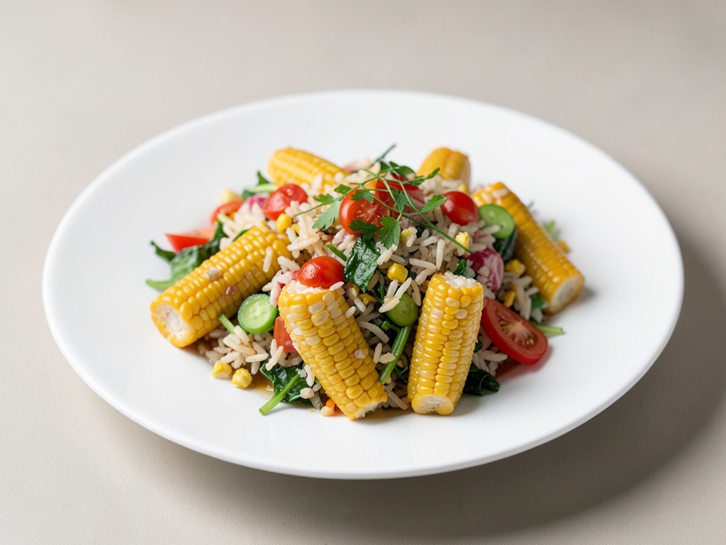 Insalata di riso fresco con mais e verdure