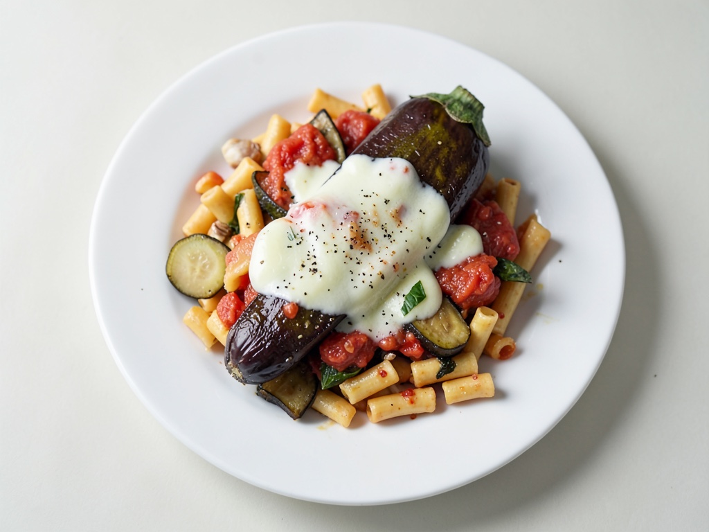 Gemischter Nudel-Auflauf mit Aubergine, Tomate und Käse