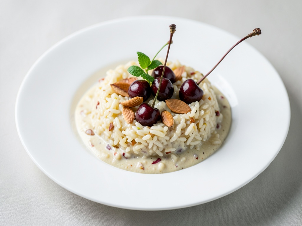Riso cremoso con latte di mandorle e ciliegie