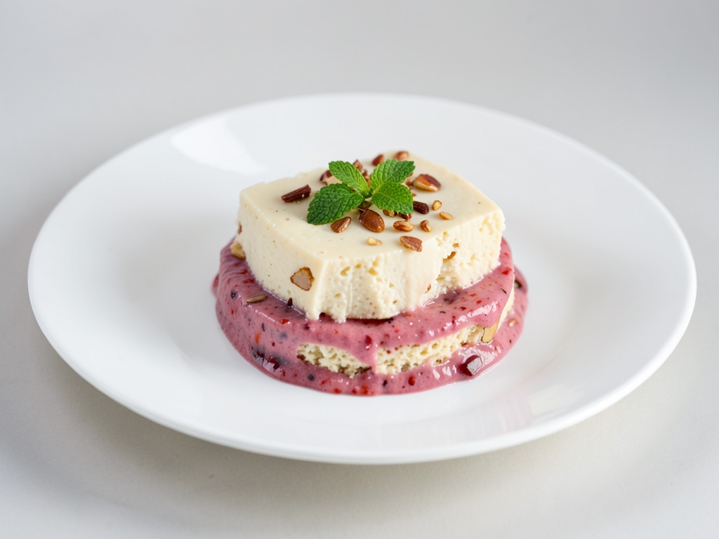Puding cremoso de almendras con puré de fresa y menta