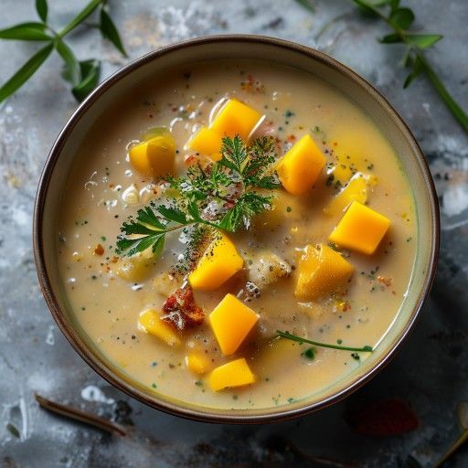 Sopa cremosa de pato y mango