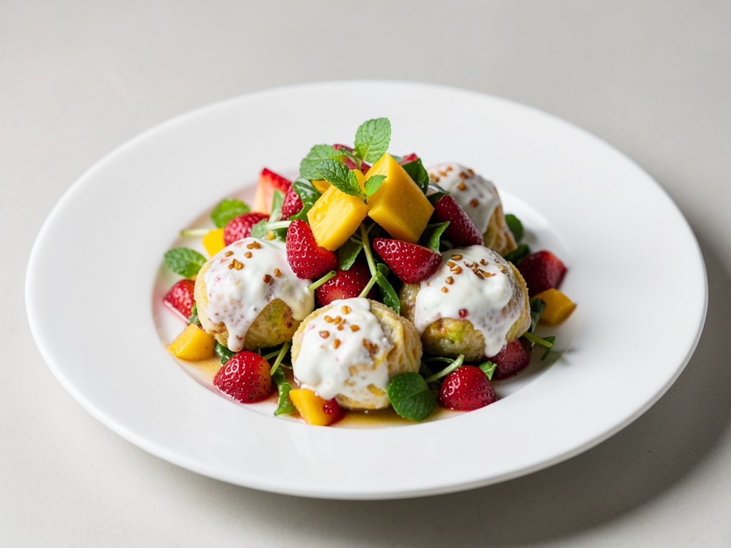 Insalata di mango e fragole frizzante con polpette di formaggio fresco cremose