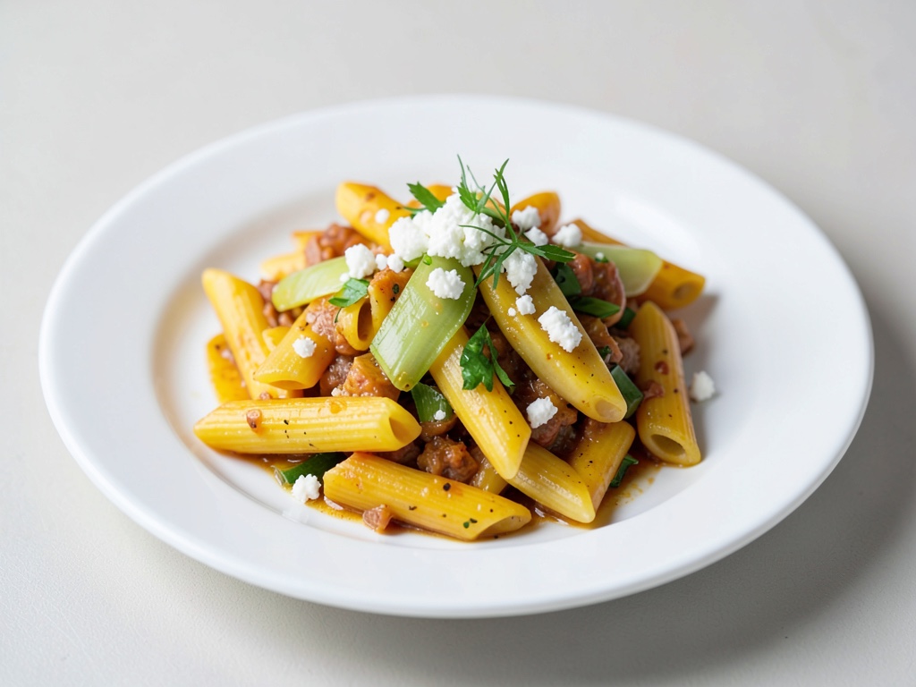 Penne mit Mango, Lauch und Schafskäse