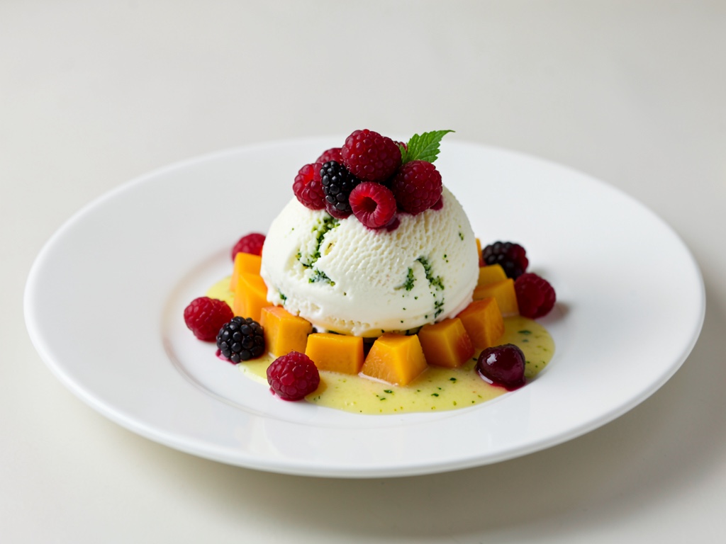 Frisches Mango-Basilikum-Eis mit Himbeer-Topping