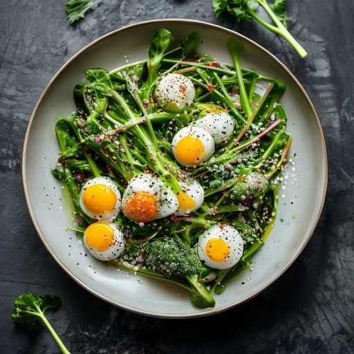 Insalata croccante di asparagi verdi e biete con uova di quaglia
