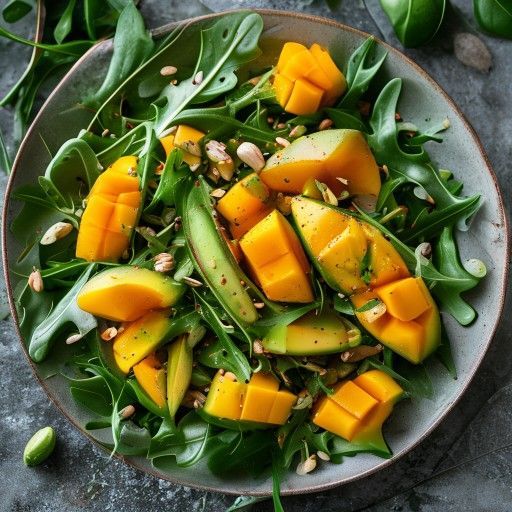Insalata fresca di mango e avocado con rucola e arachidi