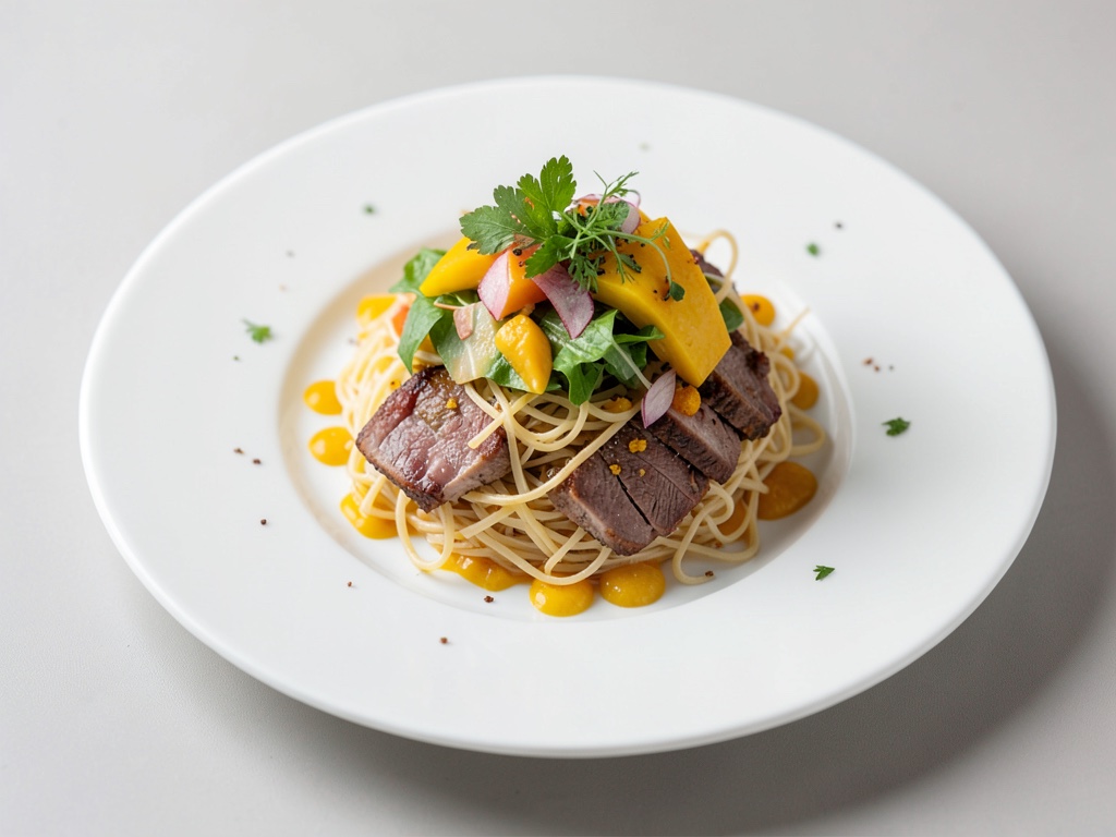 Insalata fresca di mango con noodles di riso e manzo