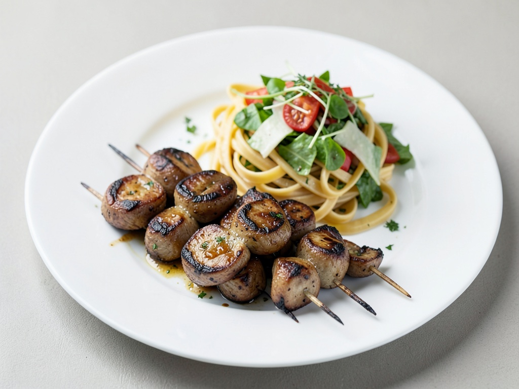 Brochettes de champignons grillées avec salade de pâtes froide