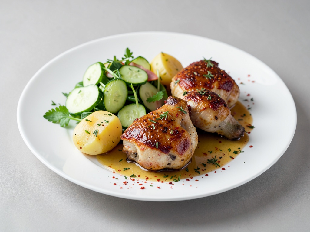 Cosce di pollo al miele e peperone con insalata di patate e cetrioli