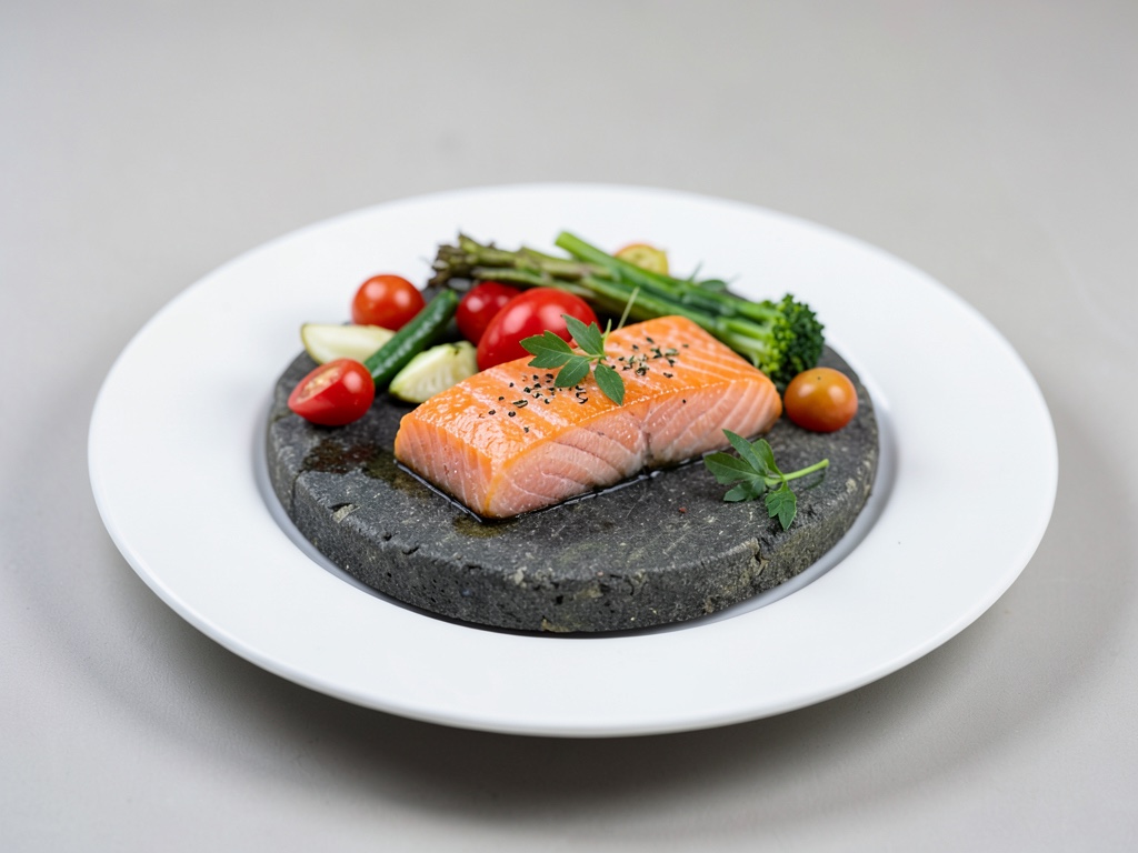 Filetti di salmone sulla pietra rovente con verdure