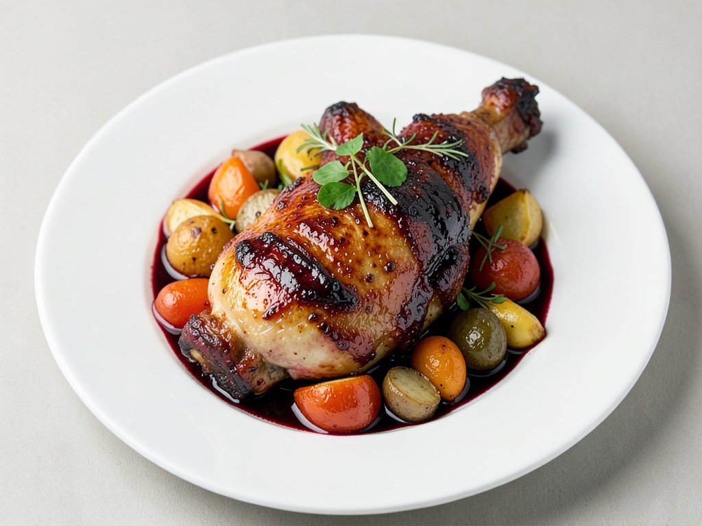 Cosce di pollo marinate in frigorifero in pentola per stufato al vino rosso con verdure radice