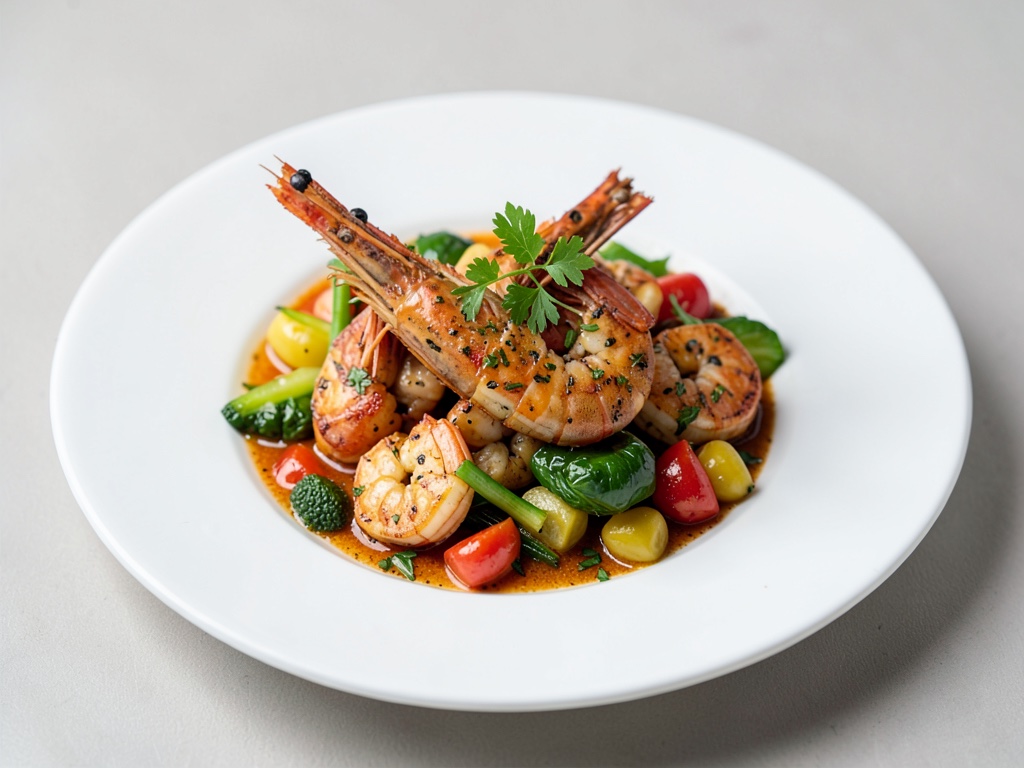 Gambas marinadas con verduras al horno