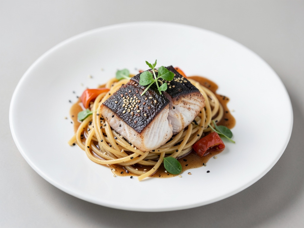 Merluzzo marinato al giapponese con noodles al sesamo