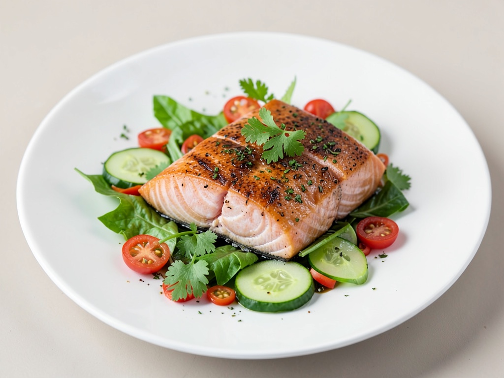 Salmone tenero su insalata fresca con cetriolo, coriandolo e peperoncino
